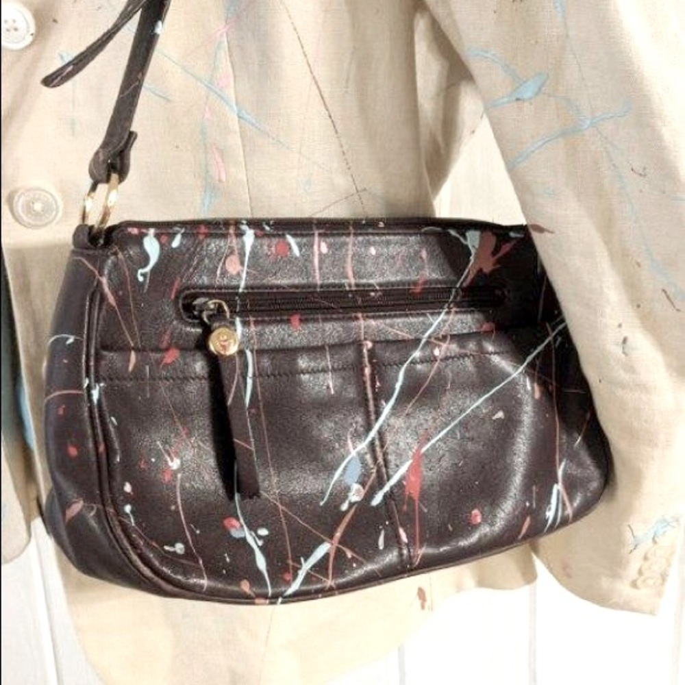 Deep Purple Leather Reworked PaintSplattered Purse Shoulder Bag